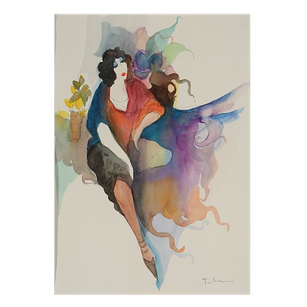 ITZCHAK TARKAY "Annabel Seated" Watercolor on Paper.: ITZCHAK ISAAC TARKAY (Israeli 1935-2012) "Annabel Seated" Watercolor. Sight: 13 1/8 x 9 1/4 inches; Frame: 31 5/8 x 27 1/2 inches. Signed l/r