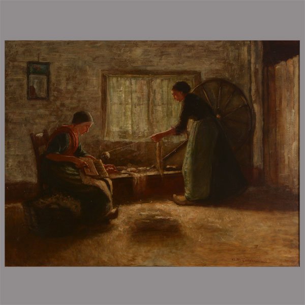 Two Women Spinning Oil on Canvas.: AMMI MERCHANT FARNHAM (Californian 1845-1922) "Two Women Spinning" Oil on canvas. 26 x 33 inches; Frame: 31 1/4 x 38 3/8 inches. Signed l/r.