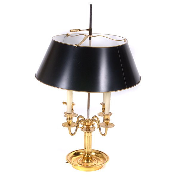 Four Light Bouillotte Lamp with Black Tole Shade: Four Light Bouillotte Lamp with Black Tole Shade {Height 34 3/4 inches, diameter of shade 22 inches}