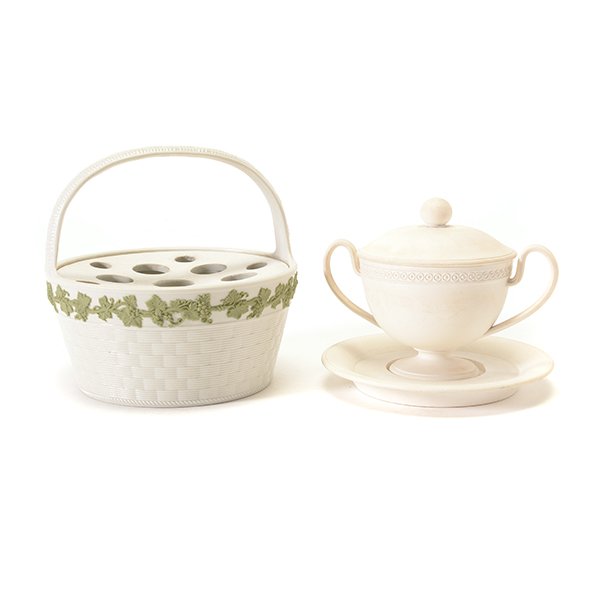 Two Pieces of 19th Century Wedgwood: Two Pieces of 19th Century Wedgwood, Including a white jasperware covered chocolate cup with saucer, and a green and white jasper basket with flower holder {Height of basket 4 1/4 inches, diameter 4 3