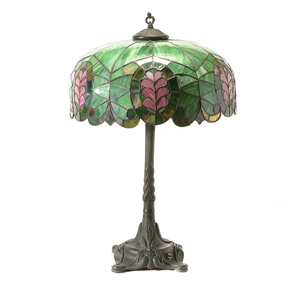 Arts and Crafts Table Lamp with Leaded Glass Shade: Arts and Crafts Table Lamp with Leaded Glass Shade {Height to finial 27 inches; height of shade 8 1/4 inches, diameter 17 inches}