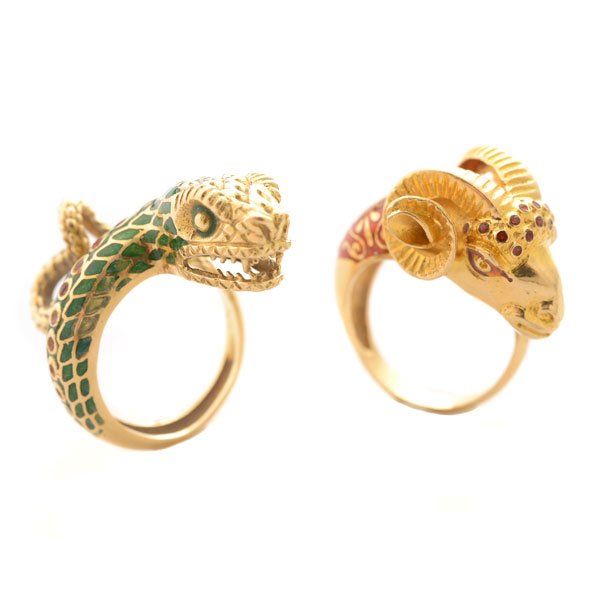 Collection of Two Enamel, 18k Yellow Gold Snake and Ram (1 of 4)
