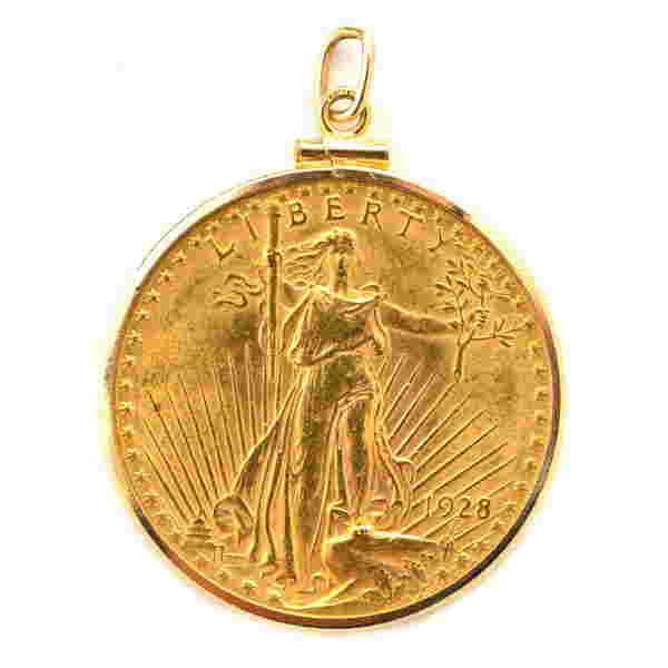Lady Liberty Gold Coin, 14k Yellow Gold Pendant.
