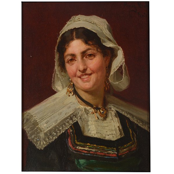 HENRY MOSLER "Portrait of a Woman" Oil on Canvas.: HENRY MOSLER (American/French 1841-1920) "Portrait of a Woman" Oil on canvas. 13 7/8 x 10 5/8 inches; Frame: 17 3/4 x 14 1/8 inches. Signed and annotated upper right corner. [CONDITION: In overall goo