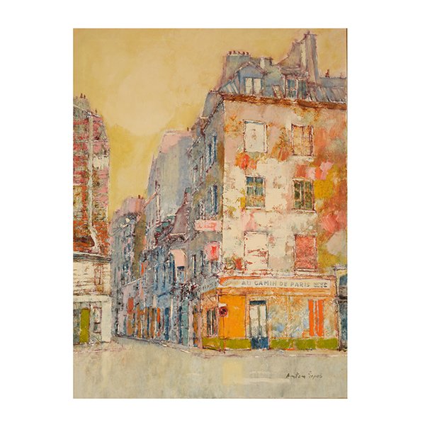 ANTON SIPOS "Autumn in Paris" Oil Cal Art: ANTON SIPOS (Californian b. 1938) "Autumn in Paris" Oil on canvas. 39 3/4 x 29 5/8 inches; Frame: 50 1/8 x 40 1/8 inches. Signed l/r. Titled verso upper stretcher bar.