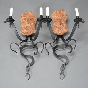 Pair of French Wrought Iron and Terracotta Wall Lights: Pair of French Wrought Iron and Terracotta Wall Lights in The Manner of Jean-Charles Moreux, Circa 1940-48 {Height 31 1/2 inches, width 16 1/2 inches, depth 17 inches}