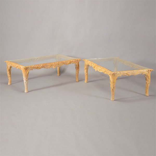 Pair of Maison Jansen Glass and Carved Wood ìPalm: Superb Pair of Maison Jansen Glass and Carved Patinated Wood ìPalm Frondî Cocktail Tables, Circa 1950 {Dimensions 18 x 48 x 29 1/2 inches}