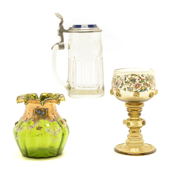 Moser Style Enameled Glass Chalice, Vase, and Stein (1 of 10)