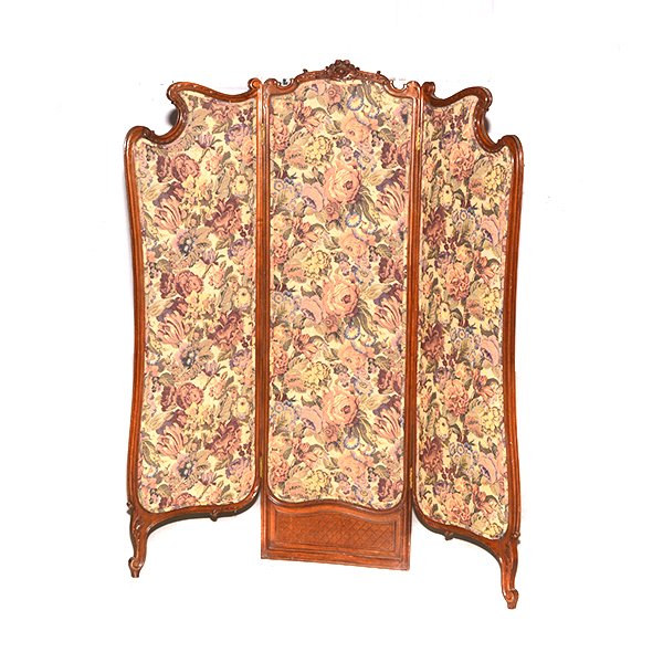 Three Panel Hand Carved Screen with Floral Upholstery (1 of 1)
