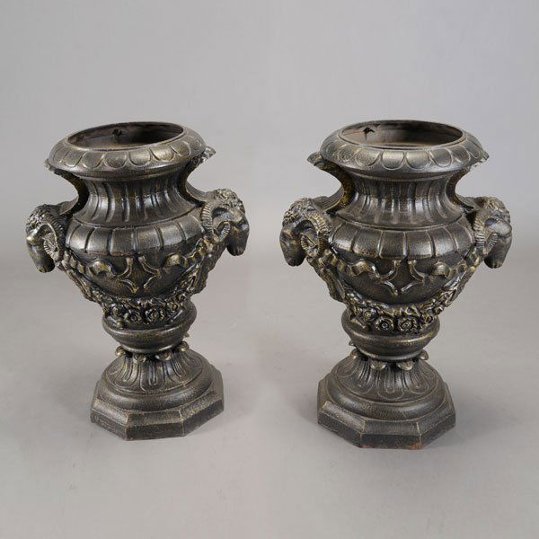 Pair of Large Renaissance Style Cast Urns with Rams (1 of 4)