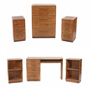 Eliel Saarinen for Johnson Hanley Co. Grand Rapids: Eliel Saarinen for Johnson Hanley Co. Grand Rapids Bedroom Suite: Comprising a desk {dimensions 30 3/4 x 48 x 19 1/4 inches}, pair of bookshelves, pair of night stands {dimensions 30 x 20 x 15 inches}