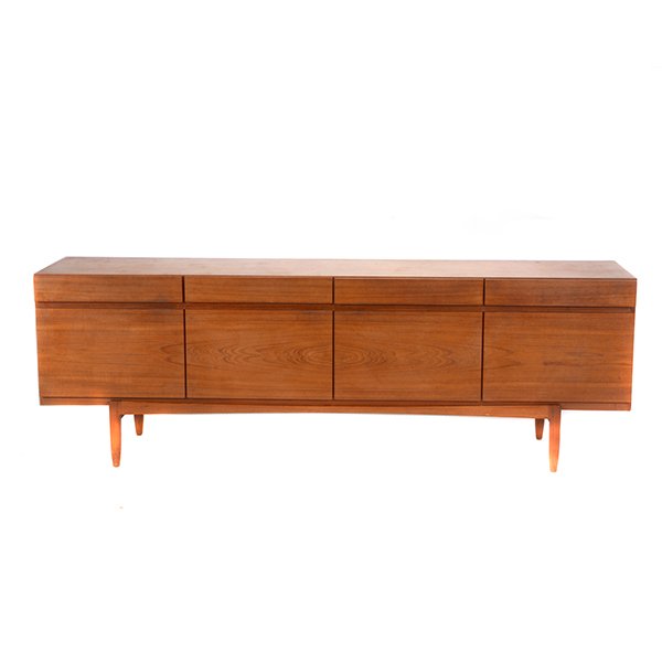 Ib Kofod Larsen Teak Credenza: Ib Kofod Larsen Teak Credenza, with three shelves {Dimensions 30 1/4 x 90 1/4 x 19 1/4 inches}