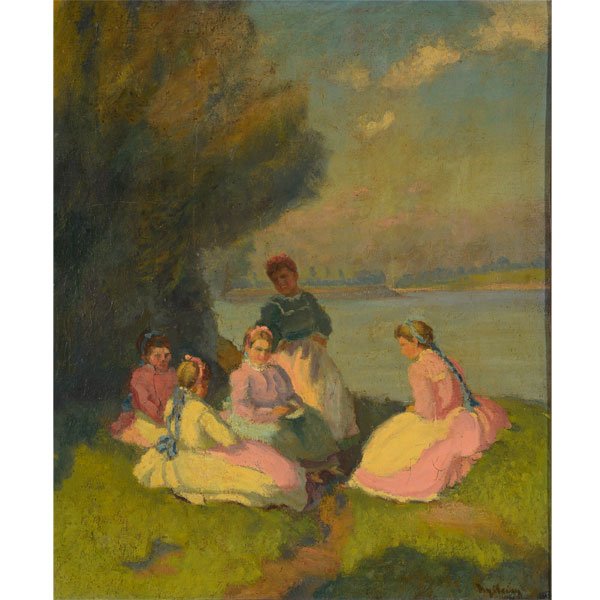 EUROPEAN SCHOOL "Picnic at the Lakes Edge" Oil on (1 of 5)