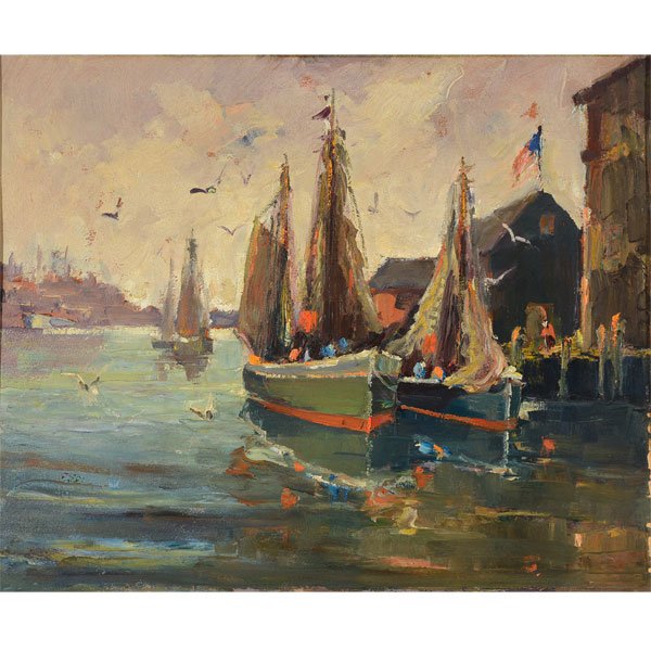 AMERICAN SCHOOL "Ships at Dock" Oil on Board. (1 of 5)