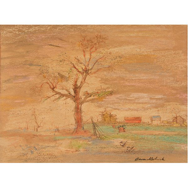 AARON BOHROD "Landscape with Farm" Crayon and Ink.: AARON BOHROD (American 1907-1992) "Landscape with Farm" Crayon and Ink. Sheet: 9 7/8 x 13 inches; Frame: 14 1/8 x 17 1/8 inches. Signed l/r, titled and signed on label verso. Elizabeth Nelson Gallerie