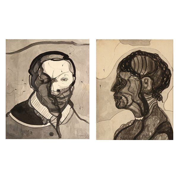 MEXICAN SCHOOL "The Mask" & "Side Portrait" Mixed Media (1 of 10)