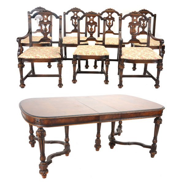 Baroque Revival Walnut Dining Table and Seven Chairs (1 of 8)