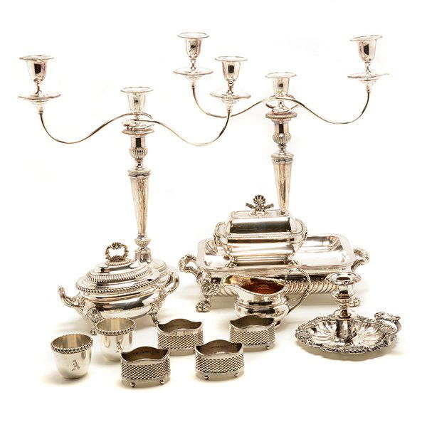 Collection of Sheffield Silver Plated Table Articles: Collection of Sheffield Silver Plated Table Articles: Comprising a pair of three light convertible candelabra {height 18 inches, width 18 inches}; pair of Roberts tumblers; set of four Barbour cellars