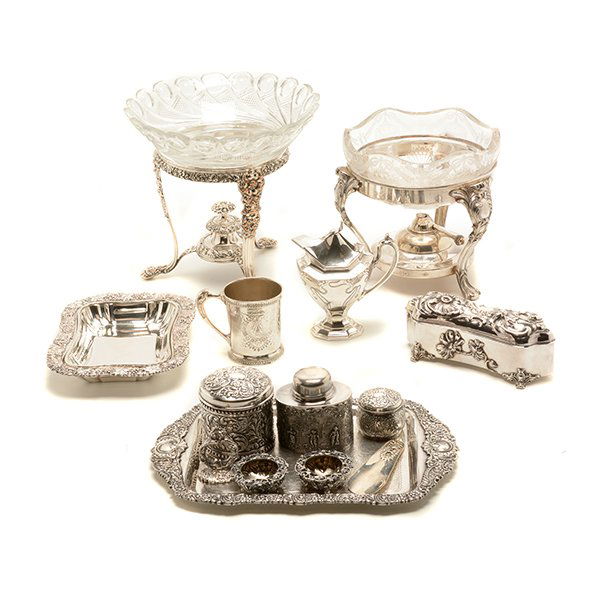 Group of American Art Nouveau or Rococo Revival Silver: Group of American Art Nouveau or Rococo Revival Silver Plated Articles: Comprising two chafing dishes or epergnes with glass inserts {height of tallest 9 1/2 inches, diameter 10 inches}; a Reed & Bart