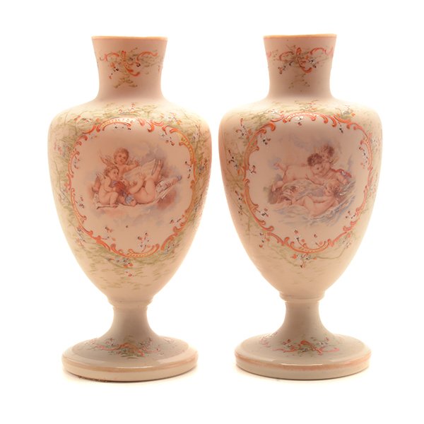 Pair of French Opaline Glass Vases Painted with Amorini: Pair of French Opaline Glass Vases Painted with Amorini {Height 13 3/8 inches}