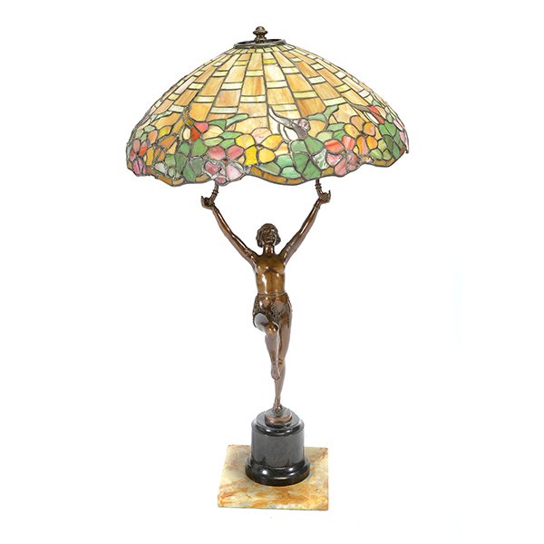 Art Deco Bronze Figural Lamp with Associated Leaded: Art Deco Bronze Figural Lamp with Associated Leaded Glass Shade, the lamp base in the form of a nude female dancer on mixed stone slate and onyx pedestal {Overall height of base 33 1/2 inches; height 