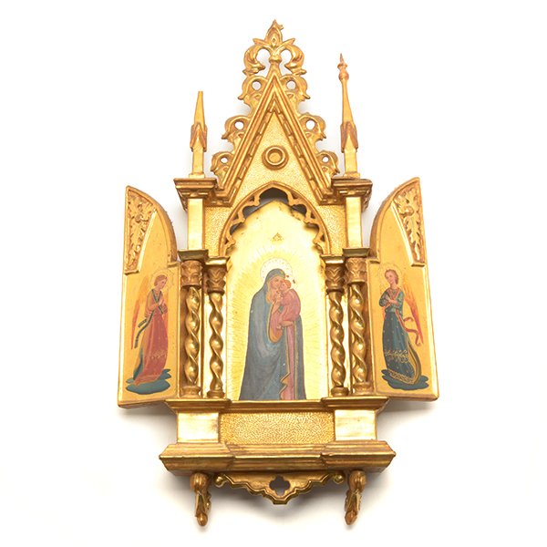 Gothic Style Giltwood Altar Picturing Madonna with: Gothic Style Giltwood Altar Picturing Madonna with Child and Two Angels {Height 17 3/4 inches, width 7 1/8 inches} Provenance: Property from the Andrew F. Burke Family Historical Pacific Heights Resid