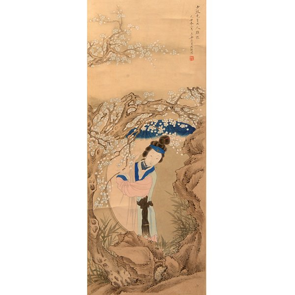 In the Manner of Gai Qi: Female Figure in Garden: In the Manner of Gai Qi (1774-1829): Female Figure in Garden Hanging scroll, ink and color on paper, dated, inscribed, bearing a signature 'Gai Qi', with one seal. {39 x 16 inches (15.4 x 40.6 cm)} [P