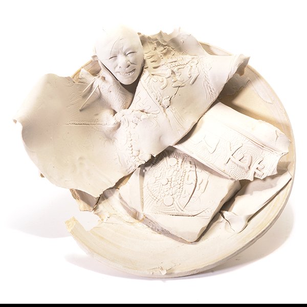 David Best "Chinaman in a Dish" unglazed mixed media: DAVID BEST (Californian b. 1945) "Chinaman in a Dish" Un-glazed mixed media ceramic. Diameter 16 3/8 inches. Unsigned.