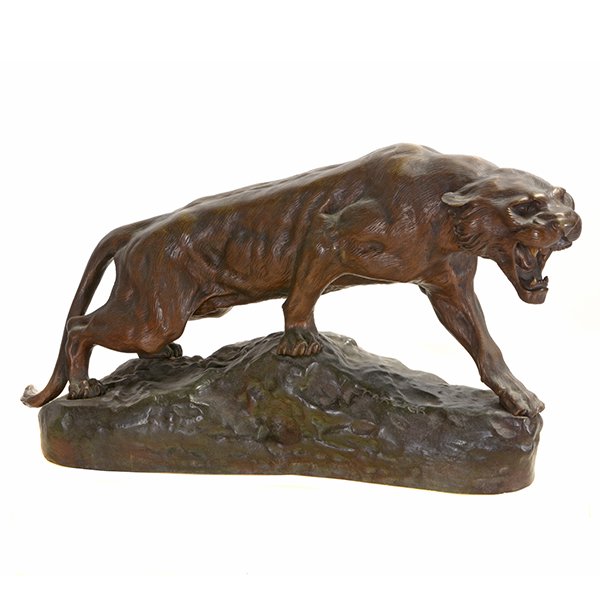 Thomas Cartier "Growling Panther" bronze: THOMAS FRANCOIS CARTIER (French 1879-1943) "Growling Panther" Bronze. Including base: 11 1/2 x 18 x 5 inches. Signed l/r: T. Cartier.