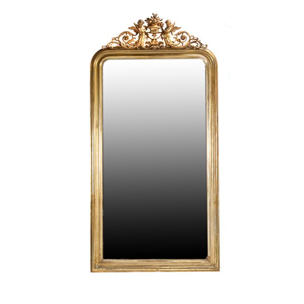 Giltwood Pier Mirror: Giltwood Pier Mirror Surmounted by an Urn Flanked by Two Cherub Figures {Height 82 inches, width 42 inches} [Crest restored, likely a later addition]