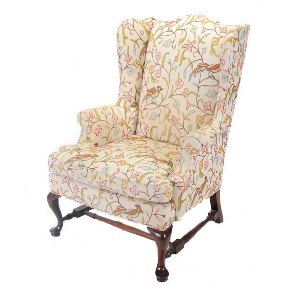 Queen Anne Style Crewlwork Upholstered Wingback: Queen Anne Style Crewlwork Upholstered Wingback Armchair {Dimensions 43 1/4 x 31 x 31 inches}