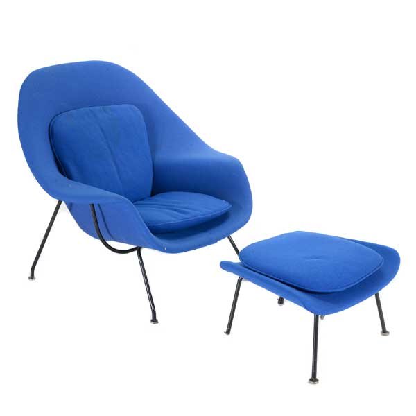 Knoll Eero Saarinen Upholstered Womb Chair and Ottoman: Knoll Eero Saarinen Blue Upholstered Womb Chair and Ottoman {Dimensions of chair 36 x 39 x 32 inches; ottoman 13 x 25 x 19 1/2 inches}