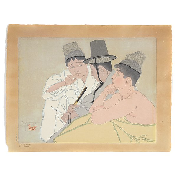 Paul Jacoulet (1896-1960): Trois Coreens, Seoul, Coree: Paul Jacoulet (1896-1960): Trois Coreens, Seoul, Coree Woodblock print, signed in pencil above one seal to the lower left, titled and with seals of the carver and printer to the lower left margin, num