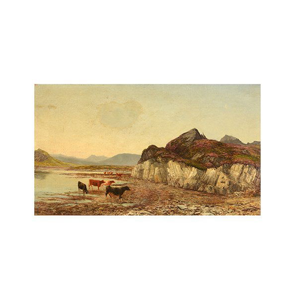 English School "Highland Cattle on the River" oil on: ENGLISH SCHOOL (19th century) "Highland Cattle on the River" Oil on canvas. 14 x 24 inches; Frame: 25 1/2 x 35 1/2 inches. Bears signature and date l/r: John Taylor 1884. Stamp verso: illegible. [COND