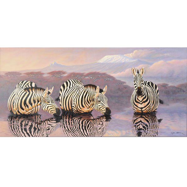 A. John Pelletier "Zebra's at the Watering Hole" oil on (1 of 6)