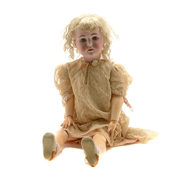 Large German Bisque Head Lady Doll: Large German Bisque Head Lady Doll, #171 with sleep eyes and four teeth, jointed composition body with lace dress with pink rayon robe {Height 33 inches}