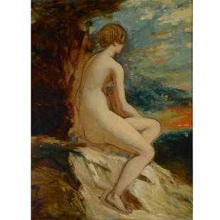 Attributed to William Etty "Sketch for Andromeda" oil: Attributed to WILLIAM ETTY (English 1787-1849) Sketch for Andromeda Oil on panel 25 3/8 x 19 inches / 64.45 x 48.26 cm; Frame: 31 7/8 x 24 7/8 inches Label verso from the "Etty Centenary Exhibition Yo