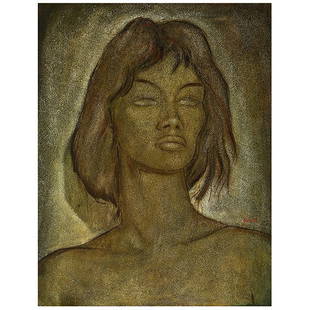 Angel Botello "Portrait of a Woman" oil on masonite: ANGEL BOTELLO (Puerto Rican 1913-1986) Portrait of a Woman Oil on masonite 24 7/8 x 19 1/2 inches / 63.18 x 49.53 cm; Frame: 35 1/4 x 29 3/4 inches Signed lower right quadrant above the woman's should