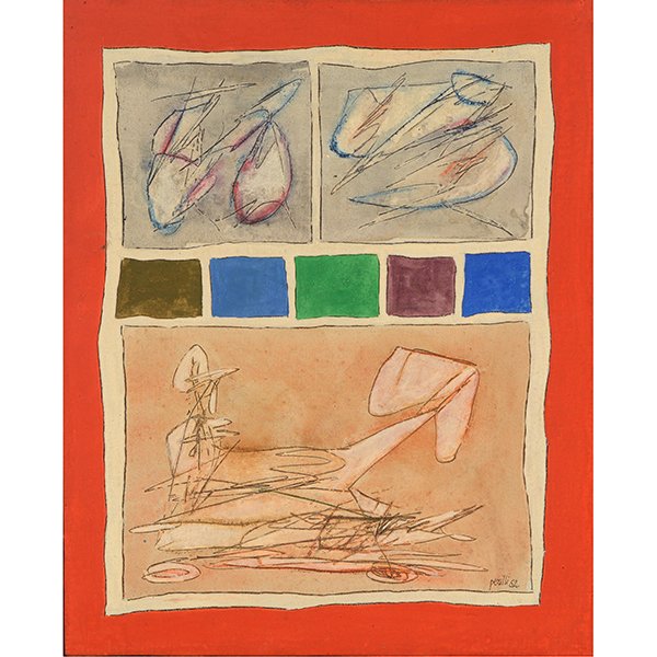 Achille Perilli "Ancora più 1962" oil on canvas: Lot 1150ACHILLE PERILLI (Italian b. 1927) Ancora più 1962 Oil on rough canvas 19 5/8 x 15 7/8 inches / 49.84 x 40.32 cmSigned and dated lower right: Perilli (19)62; signed, dated and titled (in Itali