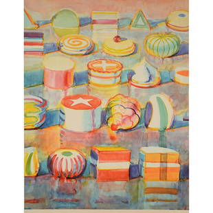 Wayne Thiebaud "Colorful Cakes" lithograph: WAYNE THIEBAUD (Californian b. 1920) Colorful Cakes Color lithograph Sheet: 37 3/4 x 28 7/8 inches / 95.88 x 73.34 cm Signed and dated lower right: Thiebaud, 1990 Condition: In overall very good condi