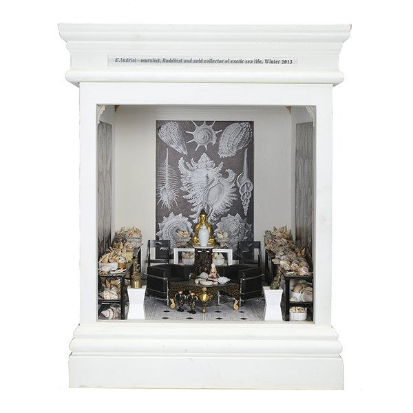 D'Andrist Miniature by Tom Roberts: D'Andrist Miniature by Tom Roberts. This charming room of a "Muralist, Buddhist, and avid collector of exotic sea life" including twin miniature Le Corbusier chairs; a Japanese lacquer coffee table; s