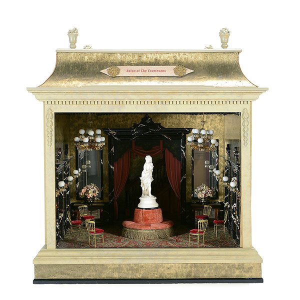 Salon of the Courtesans Miniature by Tom Roberts: Salon of the Courtesans Miniature by Tom Roberts. This miniature grand salon with its magnificent Persian carpet, twin Victorian chandeliers, a nude marble figure of Muse atop a round banquette. Signe