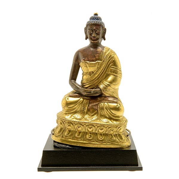 A Repousse Gilt Bronze Figure of Buddha, Mongolian,: A Repousse Gilt Bronze Figure of Buddha Seated in dhyanasana on a double lotus base, with hands clasped together, a raised urna on his forehead. Mongolian, Zanabazar School, 18th/19th Century Height: 