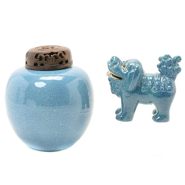 Two Robin's Egg Glazed Porcelains: Two Robin's Egg Glazed Porcelains Including a jar with a reticulated wood cover, and a model of a dog. {Taller: 5 3/4 inches (14.6 cm)}