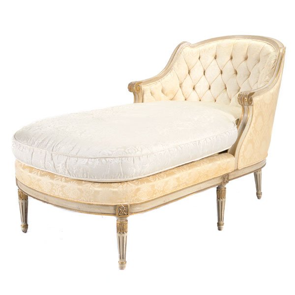Louis XVI Style Cream Upholstered Chaise Lounge: Louis XVI Style Cream Upholstered Chaise Lounge {Dimensions 31 x 48 x 27 inches} [Losses to upholstery]