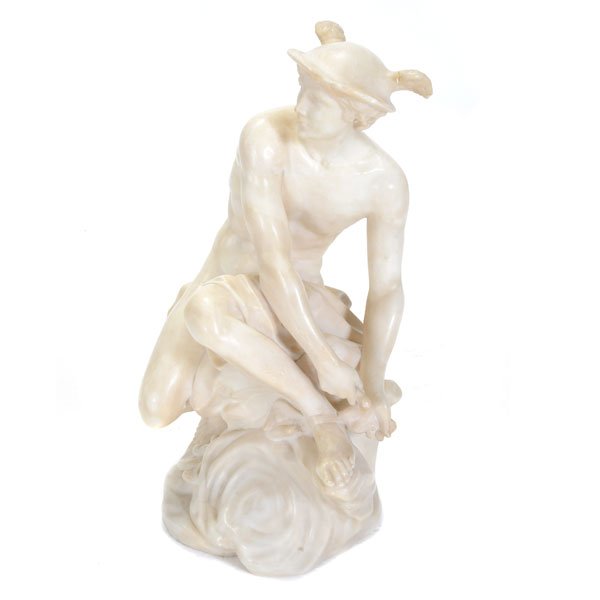 After Giovanni Bologna, Alabaster Figure of Mercury: After Giovanni Bologna, Alabaster Figure of Mercury (Hermes), unmarked {Dimensions 24 x 12 x 12 inches} [Break to one wing of helmet, chips, restored]