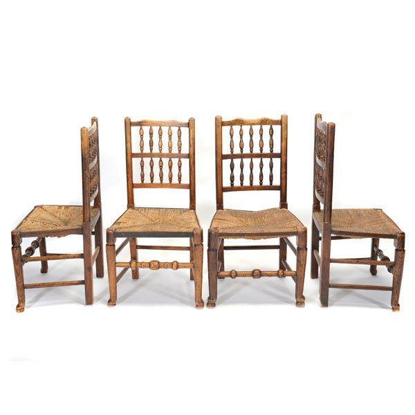 Set of Four English Lancashire Oak and Elm Chairs with: Set of Four English Lancashire Oak and Elm Chairs with Rush Seats, 18th/ 19th Century {Dimensions 36 1/4 x 19 x 15 inches}