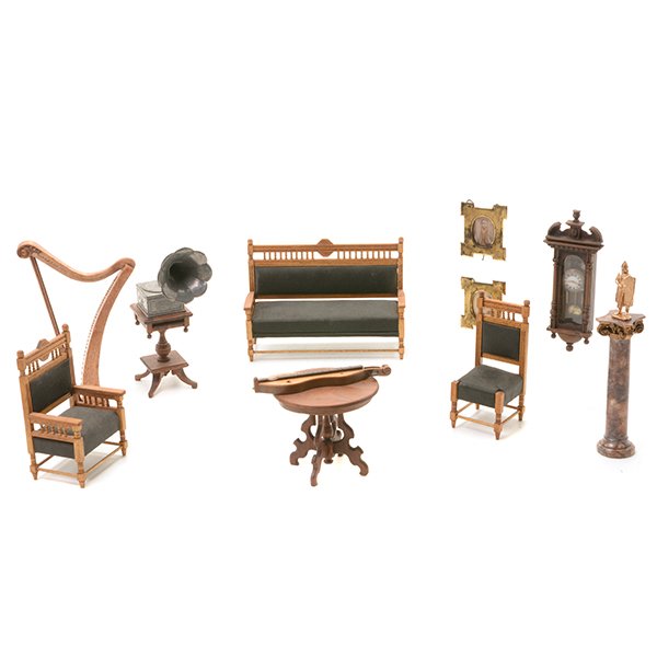 Collection of Miniature Parlor Furnishings and: Collection of Miniature Parlor Furnishings and Accessories: Including three Victorian settees, three armchairs, and a side chair, paneled bench {dimensions 5 1/4 x 6 1/4 x 1 3/4 inches}, regulator clo