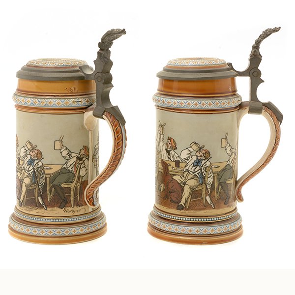 Pair of Villeroy & Boch Mettlach Earthenware Steins: Pair of Villeroy & Boch Mettlach Earthenware Steins, picturing tavern scenes, #1146 {Overall height 8 1/2 inches}