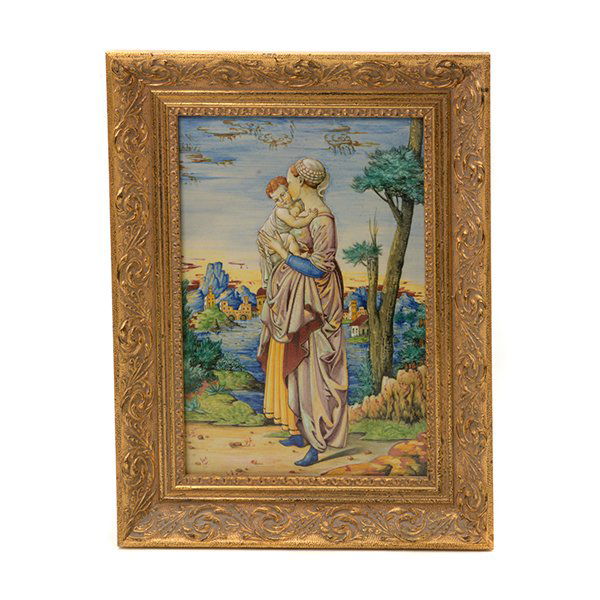 Italian Majolica Pottery Tile Panel of Mother and (1 of 6)